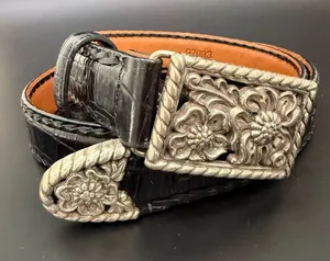 Vintage BRIGHTON 97033 Black Embossed Croc Leather Floral Buckle Belt Size ML 32 thumbnail 1