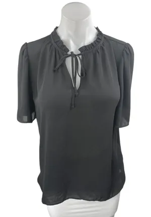 Ann Taylor LOFT Women's Black Ruffle Tie Neck Short Puff Sleeve Blouse Top Sz S thumbnail 1