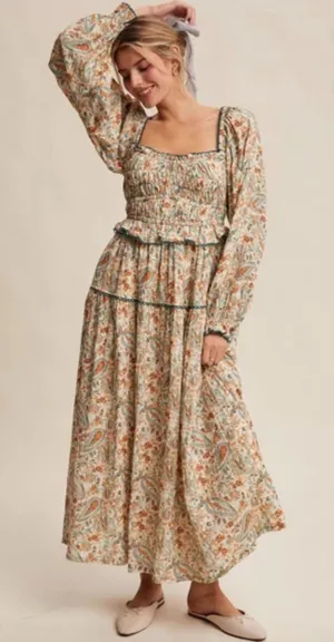 Listicle Size-M-L Maxi Dress Paisley Smocked Tiered Cream Cotton thumbnail 1