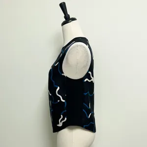 Diane Von Furstenberg Black Blue Ivory Sleeveless Scottie Wool Silk Top Medium thumbnail 3