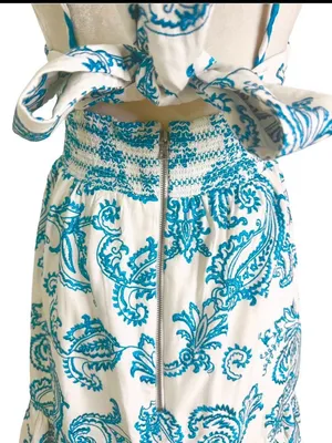 Alice + Olivia Khira Embroidered Mini Dress Bow Back Ivory Turquoise Size 8 Flaw thumbnail 7