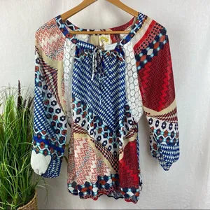 Anthropologie Multi Print Boho Peasant 3/4 Length Sleeve Top By Fig & Flower L thumbnail 2