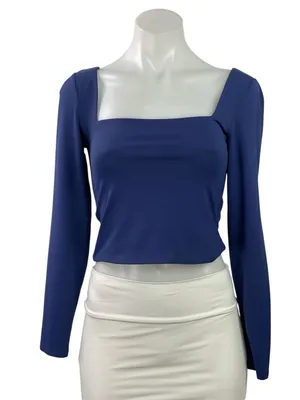 Aritzia Babaton Contour Blue Square Neck Sculpt Long Sleeve Crop Top Size M thumbnail 1
