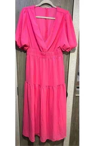 NEW Puff Sleeve V Neck A-line Flowy Tiered Midi Dress Barbie core L thumbnail 6