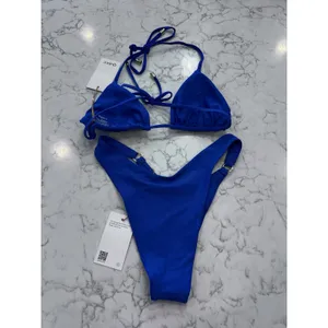 NWT Quince Electric Blue Italian High Leg Ring Bikini Bottoms & Triangle Top XS thumbnail 2