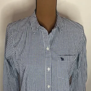 Abercrombie & Fitch micro plaid Oxford moose logo embroidery shirt navy white M thumbnail 5