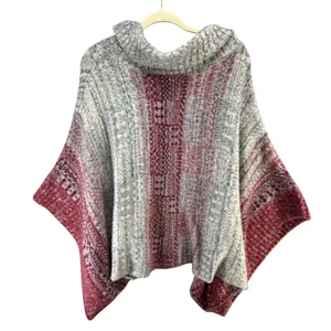 Free People Willow Poncho‎ Womens S Red Gray Knit Turtleneck Oversized Cozy Boho thumbnail 5