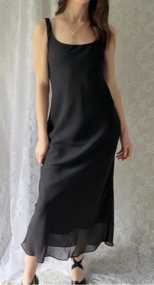 Vintage Hampton Nites Black Bias Cut Slip Dress Maxi Goth Minimalist 90s thumbnail 1