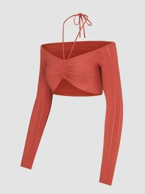 NWT Savage X Fenty Rust Off-Shoulder Ruched Long-Sleeve Crop Top size XS thumbnail 1