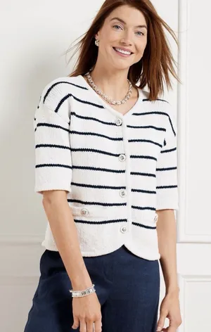 Talbots Womens black Striped Knit sweater Cardigan Preppy coastal nautical large thumbnail 1