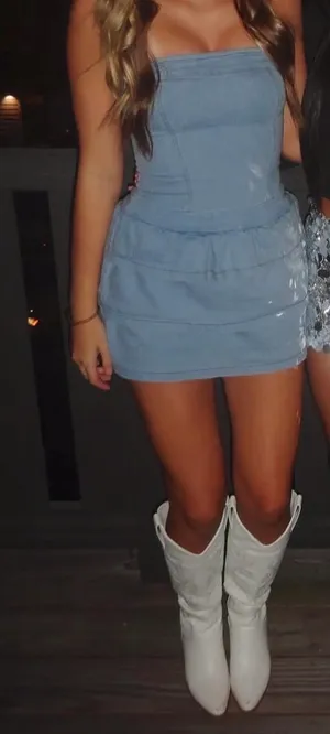 Strapless Ruffle Denim Mini Dress Blue Size XS thumbnail 3