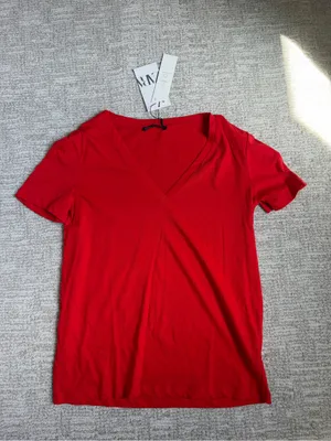 Zara Red V-Neck Short Sleeve Tee thumbnail 1