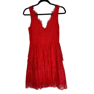 BCBGMAXAZRIA Red Lace Tiered V-Neck Cocktail‎ Dress Sleeveless Size S thumbnail 8