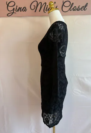 Sage Black Lace Long Sleeve Sheath Dress, Size Medium thumbnail 3