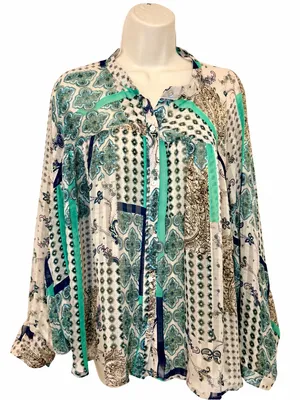 ee:Some Poet Balloon Sleeve Mixed Print Button Down Blouse Size L Paisley thumbnail 1