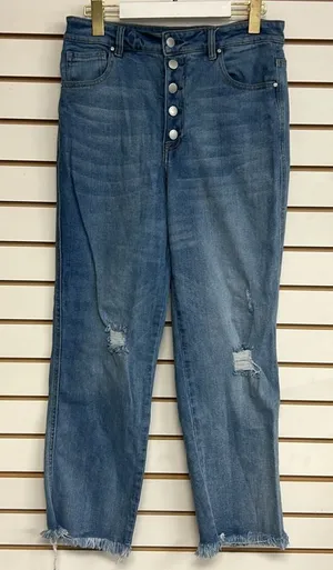 Risen Jeans High Rise Button Fly Distressed Frayed Raw Hem Stretchy‎ Size 13/31 thumbnail 1