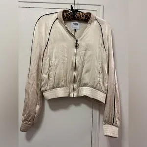 Celebrity Zara Satin Bomber Jacket Zip Down Cream XS thumbnail 4