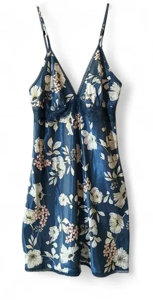Adore Me Navy Floral Lace Trim Cami Slip Nightgown‎ Mini Dress Size M thumbnail 1