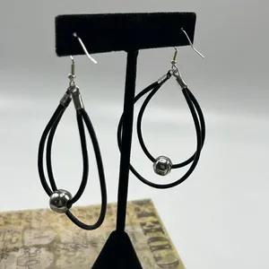 Double Leather Corded Dangling Earrings w/ Silver-Tone Bead Choice of Closure thumbnail 8