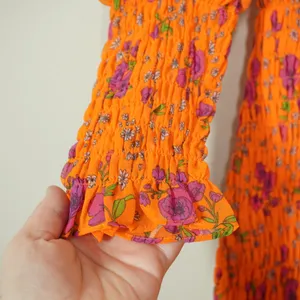 For Love & Lemons Orange Floral Smocked Mini Dress Long Puff Sleeve Sweetheart thumbnail 5
