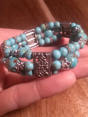 Blue Howlite Three Row Beaded Silvertone Stretch Bracelet thumbnail 8