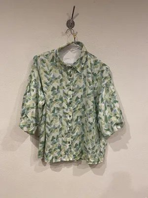 Entro Blouse Womens Large Green Geometric Collared Button Balloon Sleeve Top thumbnail 2