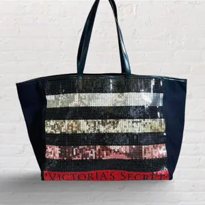 Victorias Secret Metallic Sequin Striped Large Black Tote Gold Red Silver Bag thumbnail 1