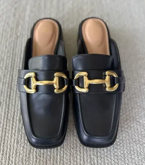 Time and Tru Black Slip-On Square Toe Loafer Mules Chunky Gold Buckles Sz 9 thumbnail 1
