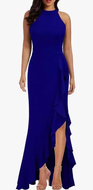 WOOSEA Royal Blue High Neck Ruffle Split Bodycon Mermaid Evening Dress size S thumbnail 1