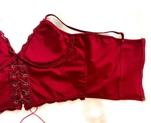 Red Lace Corset Crop Top – Zipper Back, Faux Leather Tie thumbnail 4