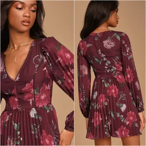 Lulus Win The Day Dress Burgundy Floral‎ Print Pleated Long Sleeve Mini V-Neck thumbnail 3
