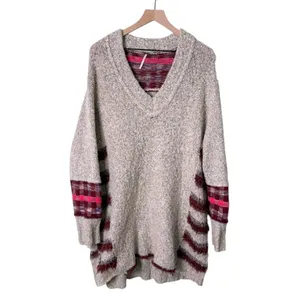 Free People Cloud Oversized Tunic Sweater V Neck Grey Tan Red Pink Size XS thumbnail 5