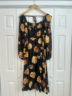 &merci Black Floral Midi Dress - Elegant Gold Rose Print, L thumbnail 2