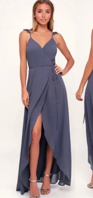 Lulus Here's To Us Maxi Wrap Dress in Granite Blue Size Medium thumbnail 1
