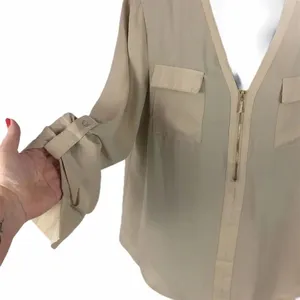 Anne Klein champagne roll sleeve zip neck blouse thumbnail 2