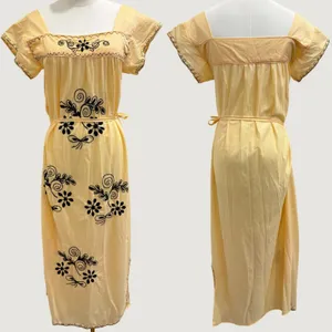 VTG 70s Butter Yellow Floral Embroidered House Dress Boho Granny Ecuador Small thumbnail 2