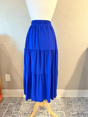 Zenana Blue Tiered Maxi Skirt Small Drawstring Boho Peasant thumbnail 2