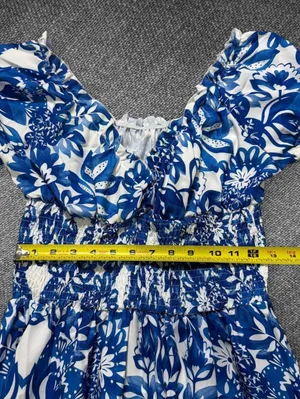 Blue White Floral Smocked Puff Sleeve Maxi Dress Size M thumbnail 6