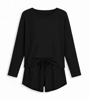 Fantaslook Womens Pajama Set Size L Black Waffle Knit Loungewear Top and Shorts thumbnail 1
