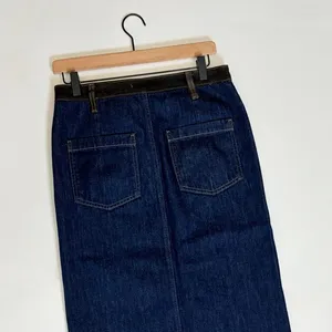 ZARA ZW Collection Denim Midi Skirt Contrast Suede Waistline Blue Pockets Small thumbnail 10