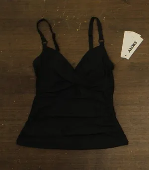 DKNY Womens O-Ring-Trim Crossover Ruched Tankini Top Swim DIMKS208 Black S thumbnail 1