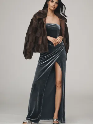 Anthropologie BHLDN Luella Strapless Stretch Velvet Draped Side Slit Formal Maxi Gown XS thumbnail 2