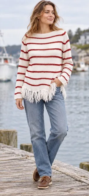 W by Worth Breton Stripe Womens Sweater Sz S Fisherman Nautical Fringe Preppy thumbnail 1