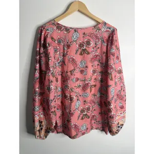 NEW Boho Floral Peasant Blouse‎ Tie Neck Long Sleeve Coral Pink XL Flowy Spring thumbnail 3