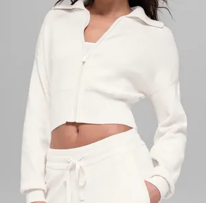 Alo Yoga Scholar Knit Cropped Full Zip Jacket Ivory XS thumbnail 1