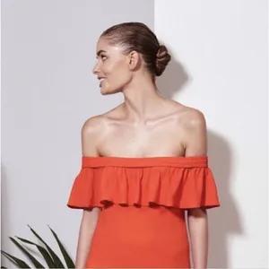 Veronica Beard Oleta Off‎ Shoulder Orange Midi Dress Size 4 Flamenco thumbnail 5