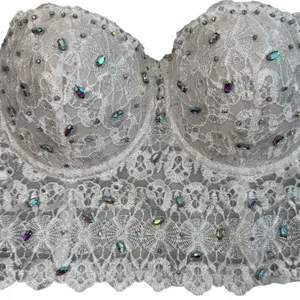 White Lace Bustier Crop Top Womens M Beaded Rhinestone Corset Cami Y2K Bridal thumbnail 9