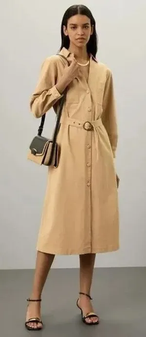 Area Stars Chic Belted Waist Midi Shirt Dress 3/4 Sleeves Button Down L Tan thumbnail 1