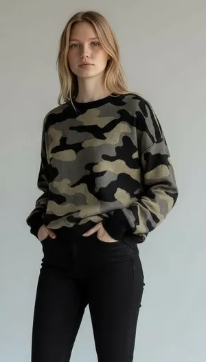Isaac Mizrahi Green and Black Camo Pullover Knit Crewneck Sweater thumbnail 1