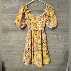 Sim & Sam Yellow Floral Puff Sleeve Tiered Mini Dress Smocked‎ Back XS thumbnail 2